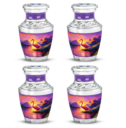 Peony Pink Flamingo Cremation Urn back view with polished surface - modern art-inspired flamingo motif on sleek aluminum - 10 inch aluminum urn for cremated remains