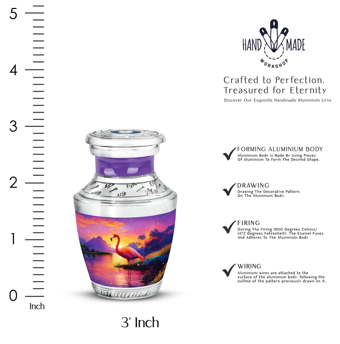 Rose Pink Flamingo Cremation Urn top-down view of secure threaded lid - modern art-inspired flamingo motif on sleek aluminum - mini keepsake memorial for portion of cremation ashes