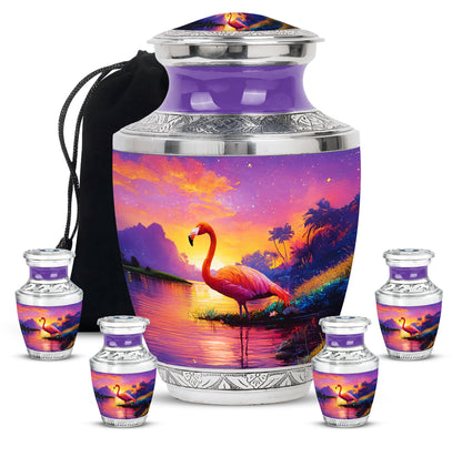 Dusty Pink Flamingo Cremation Urn lifestyle display on memorial shelf - artistic flamingo interpretation with creative detail - memorial set with one large and four small urns