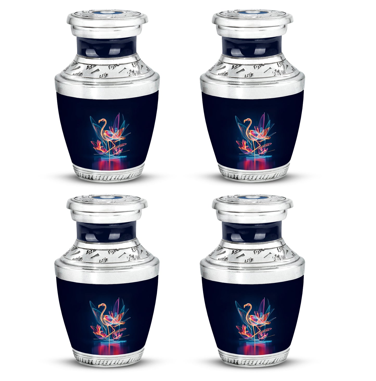 Twilight Blue Flamingo Cremation Urn back view with polished surface - artistic flamingo interpretation with creative detail - 10 inch aluminum urn for cremated remains