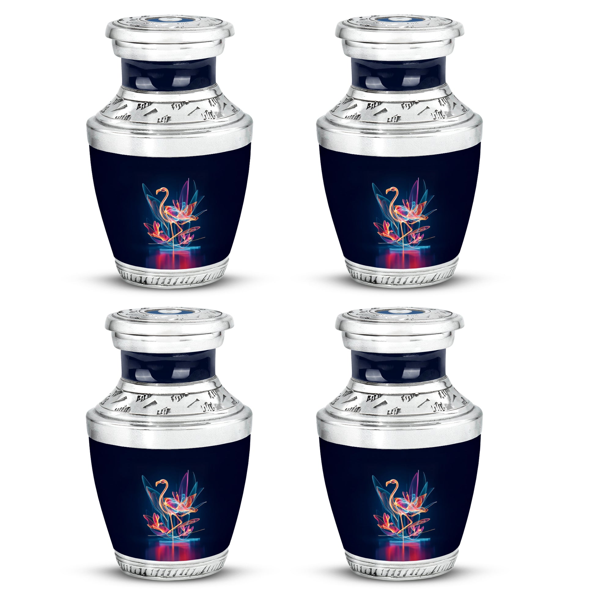 Twilight Blue Flamingo Cremation Urn back view with polished surface - artistic flamingo interpretation with creative detail - 10 inch aluminum urn for cremated remains