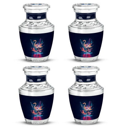 Twilight Blue Flamingo Cremation Urn back view with polished surface - artistic flamingo interpretation with creative detail - 10 inch aluminum urn for cremated remains