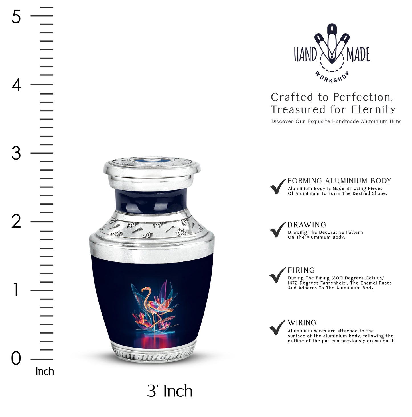 Steel Blue Flamingo Cremation Urn top-down view of secure threaded lid - artistic flamingo interpretation with creative detail - mini keepsake memorial for portion of cremation ashes