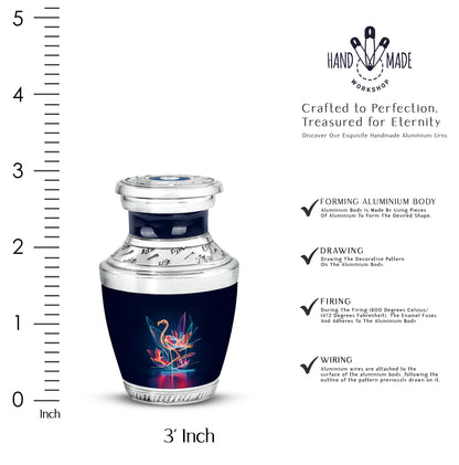 Steel Blue Flamingo Cremation Urn top-down view of secure threaded lid - artistic flamingo interpretation with creative detail - mini keepsake memorial for portion of cremation ashes