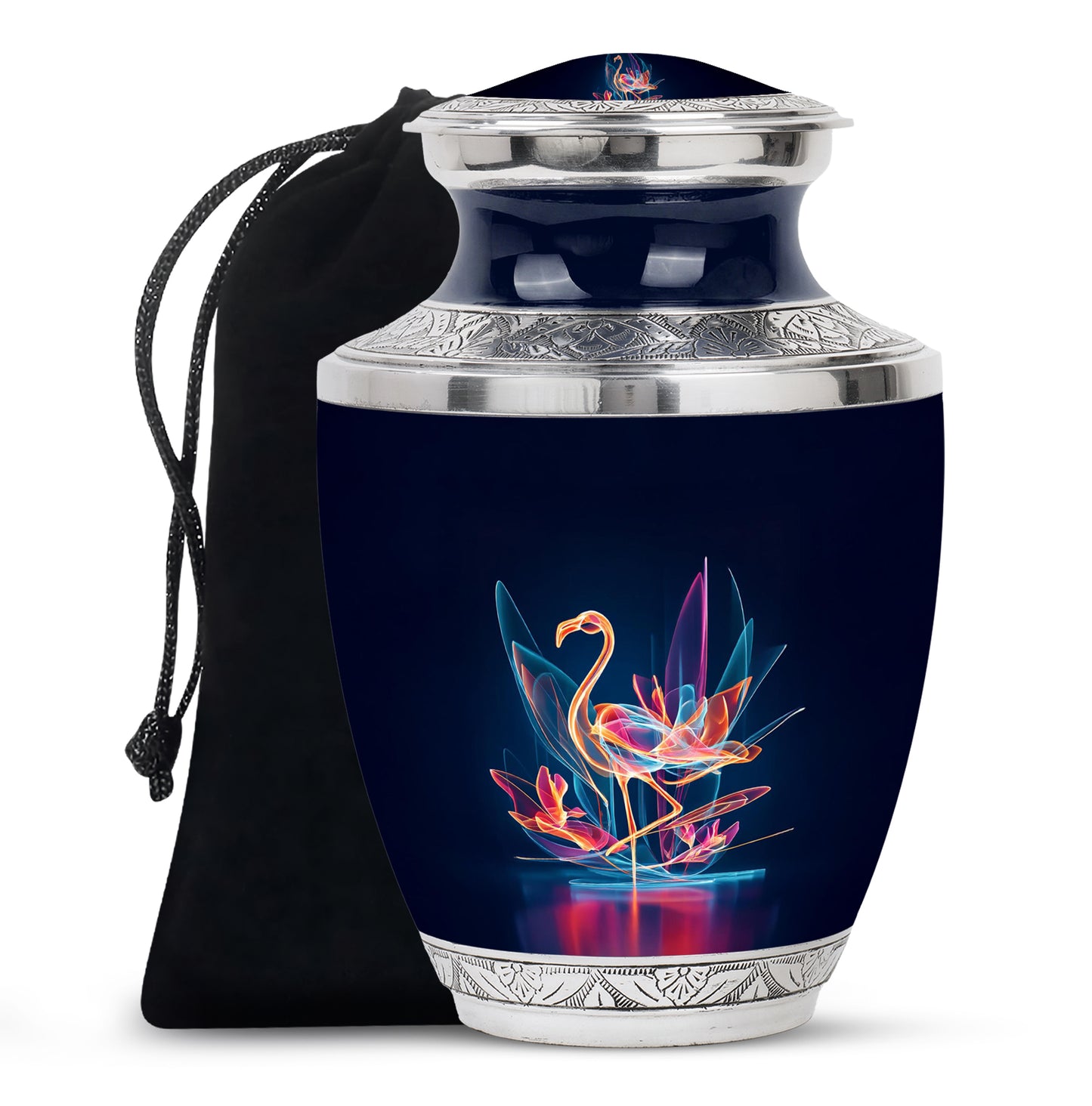 Azure Flamingo Cremation Urn side profile showing urn shape - contemporary flamingo design with modern artistic flair - full-size 10 inch 200 cubic inch adult cremation urn