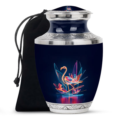 Azure Flamingo Cremation Urn side profile showing urn shape - contemporary flamingo design with modern artistic flair - full-size 10 inch 200 cubic inch adult cremation urn