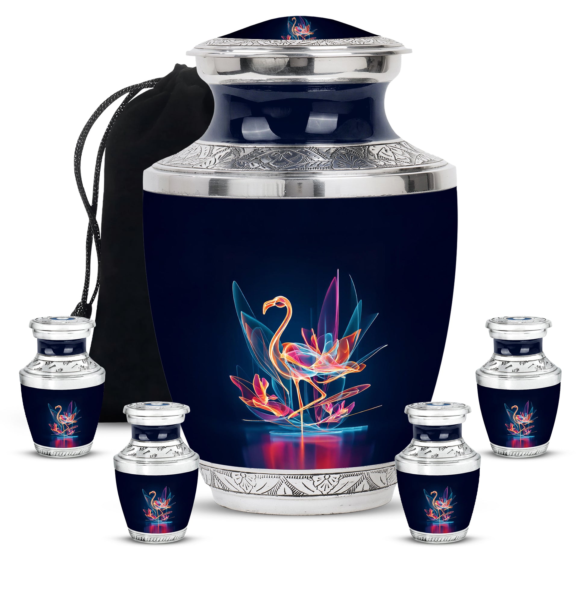 Steel Blue Flamingo Cremation Urn lifestyle display on memorial shelf - stylized abstract flamingo pattern with bold lines - memorial set with one large and four small urns