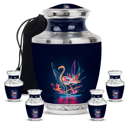 Steel Blue Flamingo Cremation Urn lifestyle display on memorial shelf - stylized abstract flamingo pattern with bold lines - memorial set with one large and four small urns