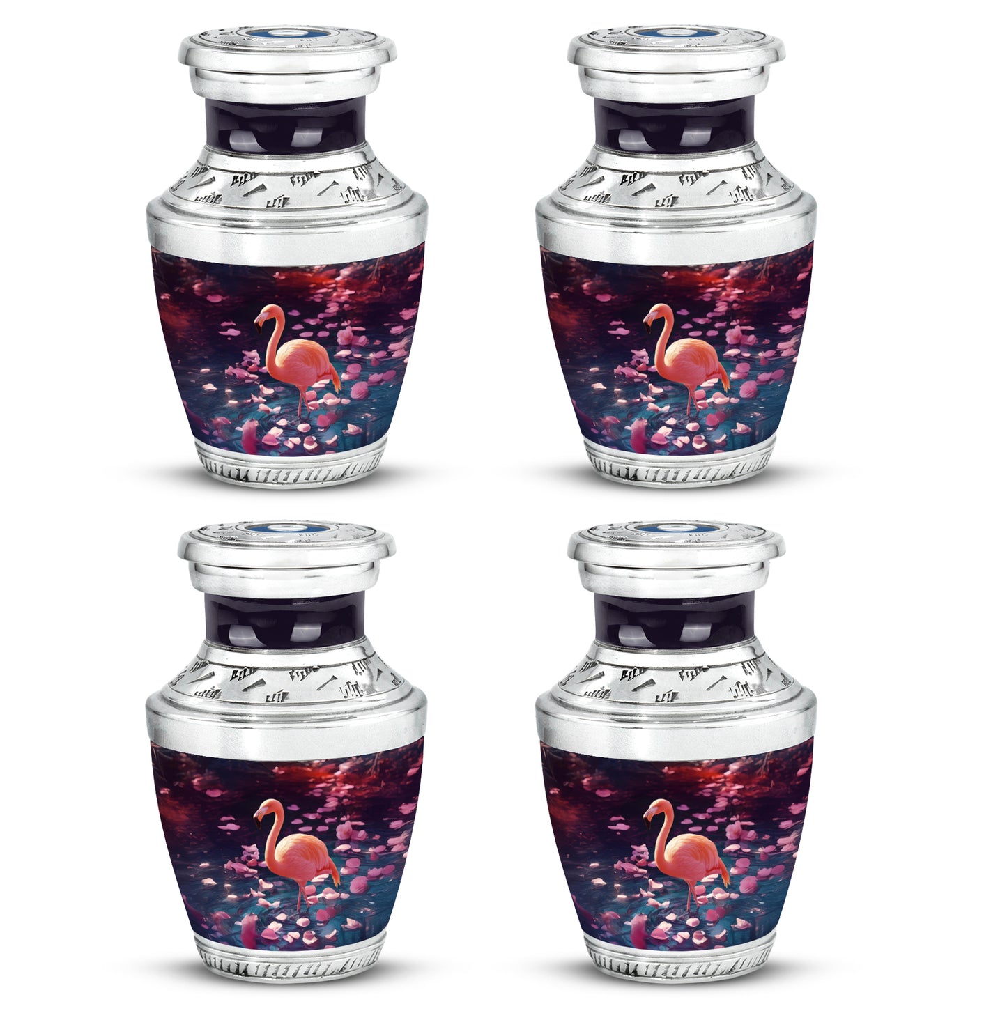 Majestic Purple Flamingo Cremation Urn back view with polished surface - modern art-inspired flamingo motif on sleek aluminum - 10 inch aluminum urn for cremated remains