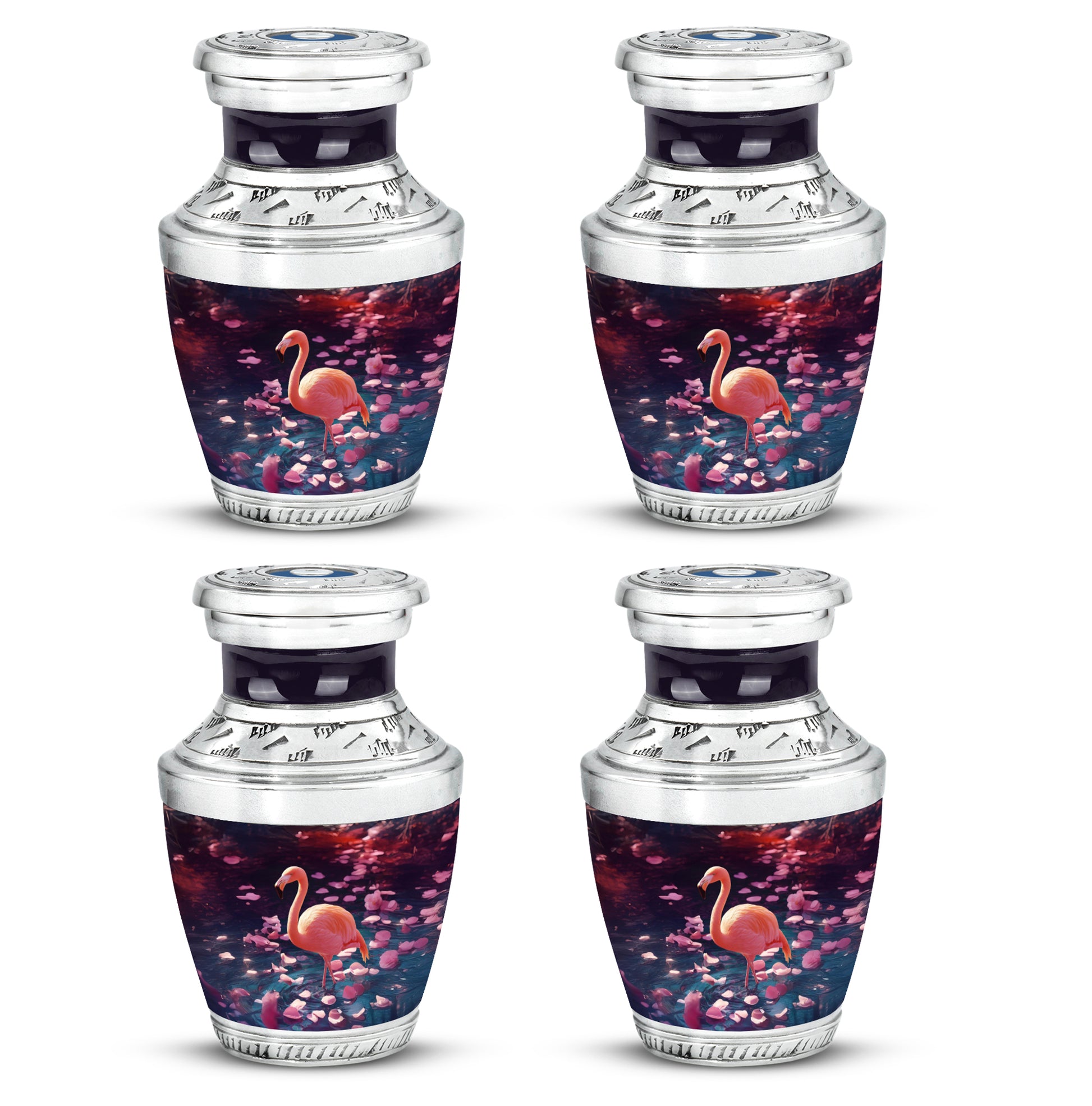 Majestic Purple Flamingo Cremation Urn back view with polished surface - modern art-inspired flamingo motif on sleek aluminum - 10 inch aluminum urn for cremated remains
