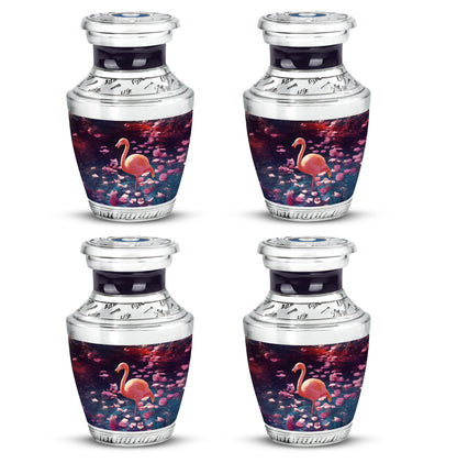 Majestic Purple Flamingo Cremation Urn back view with polished surface - modern art-inspired flamingo motif on sleek aluminum - 10 inch aluminum urn for cremated remains