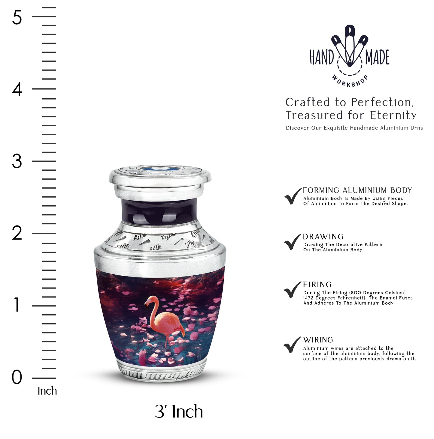 Deep Purple Flamingo Cremation Urn top-down view of secure threaded lid - modern art-inspired flamingo motif on sleek aluminum - mini keepsake memorial for portion of cremation ashes