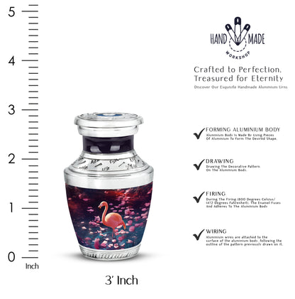 Deep Purple Flamingo Cremation Urn top-down view of secure threaded lid - modern art-inspired flamingo motif on sleek aluminum - mini keepsake memorial for portion of cremation ashes