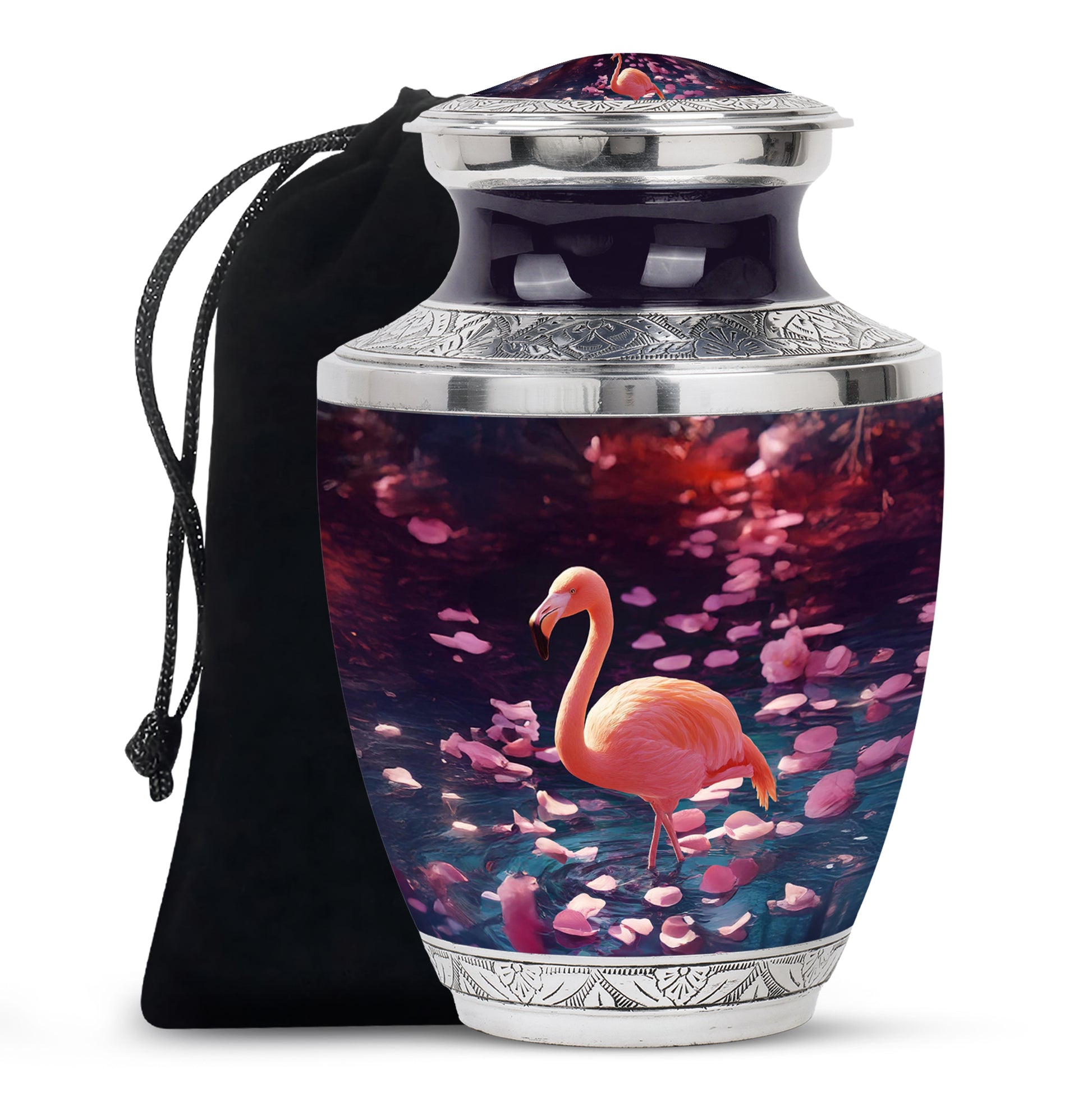 Royal Purple Flamingo Cremation Urn side profile showing urn shape - stylized abstract flamingo pattern with bold lines - full-size 10 inch 200 cubic inch adult cremation urn