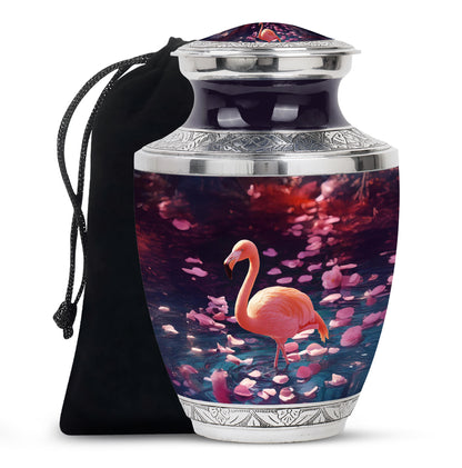 Royal Purple Flamingo Cremation Urn side profile showing urn shape - stylized abstract flamingo pattern with bold lines - full-size 10 inch 200 cubic inch adult cremation urn