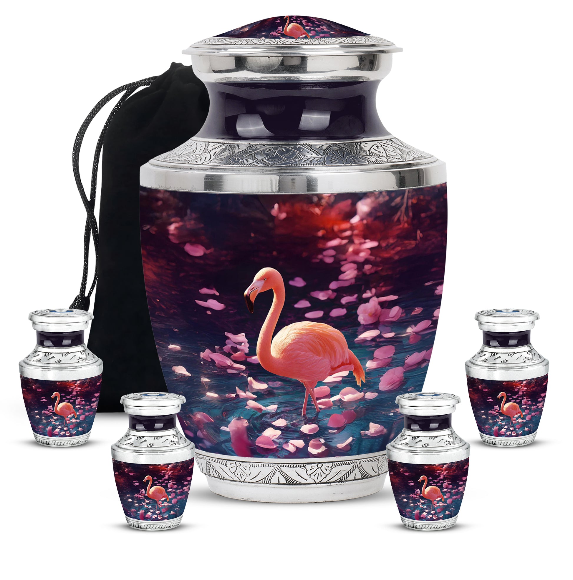 Majestic Purple Flamingo Cremation Urn lifestyle display on memorial shelf - contemporary flamingo design with modern artistic flair - memorial set with one large and four small urns