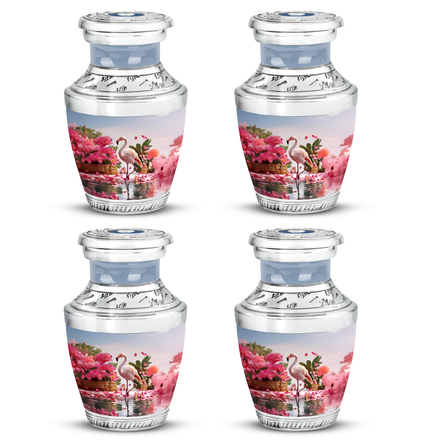 Frosted Silver Flamingo Cremation Urn back view with polished surface - stylized abstract flamingo pattern with bold lines - 10 inch aluminum urn for cremated remains