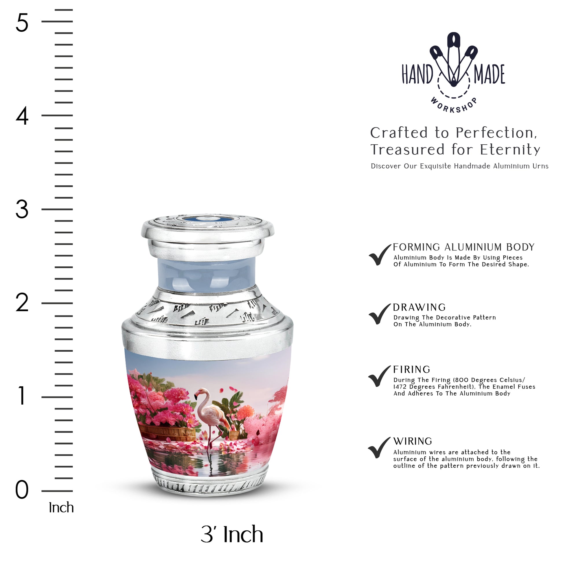 Gleaming Silver Flamingo Cremation Urn top-down view of secure threaded lid - modern art-inspired flamingo motif on sleek aluminum - mini keepsake memorial for portion of cremation ashes