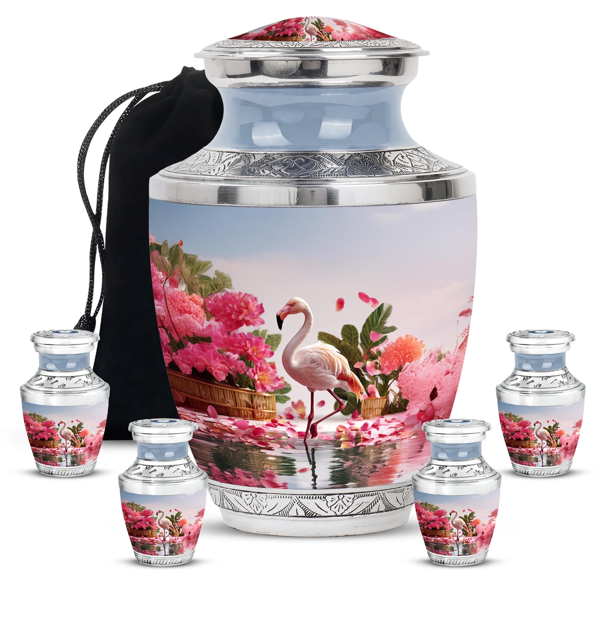 Sterling Silver Flamingo Cremation Urn lifestyle display on memorial shelf - contemporary flamingo design with modern artistic flair - memorial set with one large and four small urns