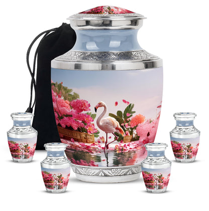 Sterling Silver Flamingo Cremation Urn lifestyle display on memorial shelf - contemporary flamingo design with modern artistic flair - memorial set with one large and four small urns