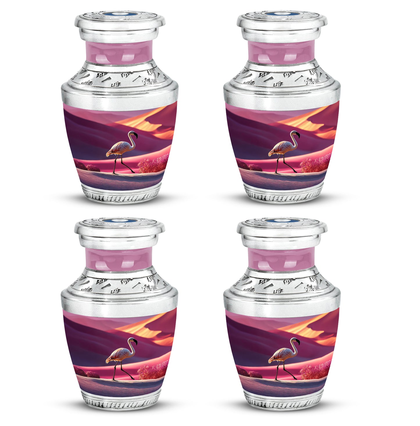 Coral Pink Flamingo Cremation Urn back view with polished surface - contemporary flamingo design with modern artistic flair - 10 inch aluminum urn for cremated remains