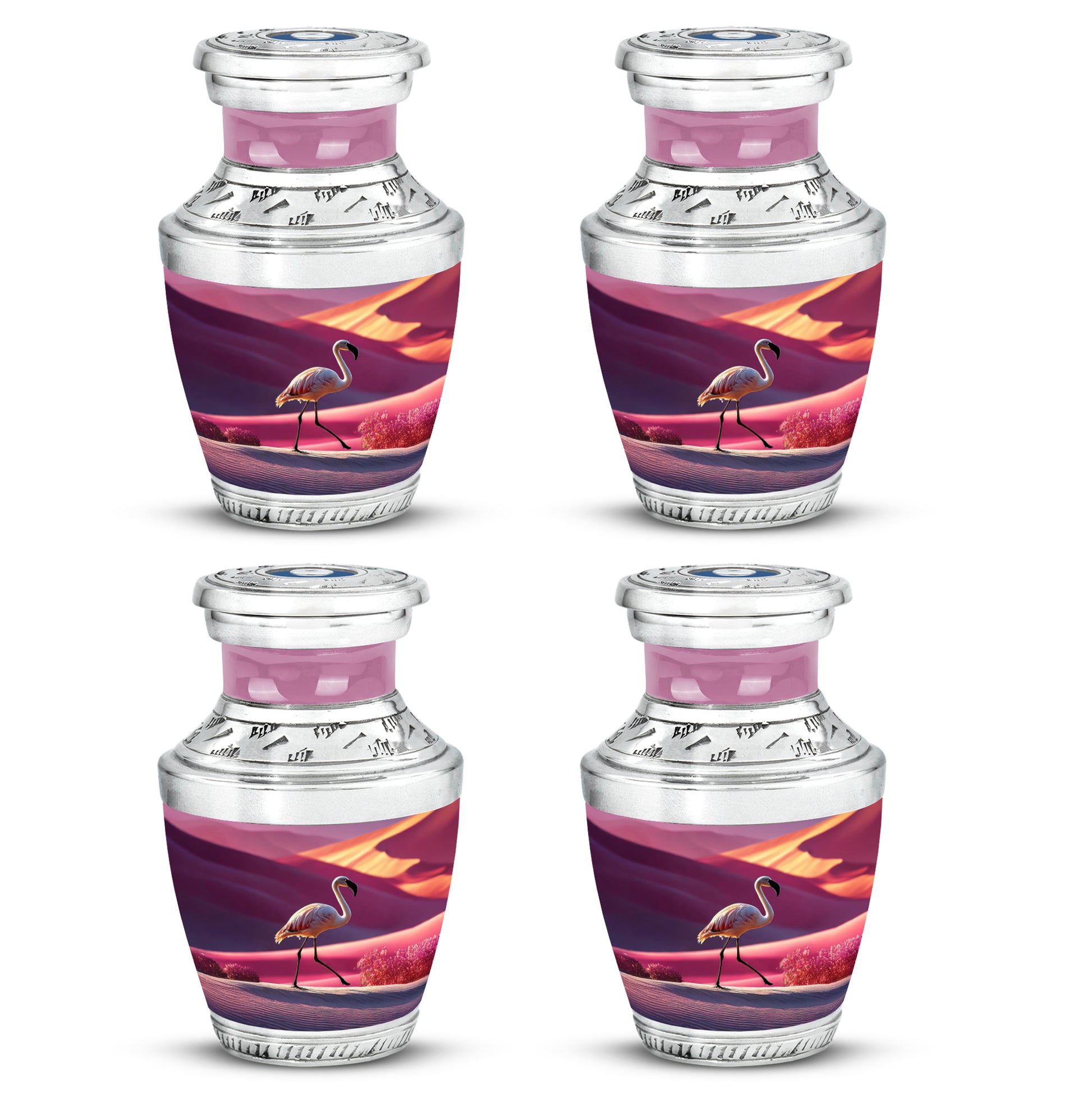 Coral Pink Flamingo Cremation Urn back view with polished surface - contemporary flamingo design with modern artistic flair - 10 inch aluminum urn for cremated remains