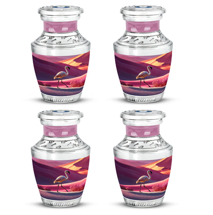 Coral Pink Flamingo Cremation Urn back view with polished surface - contemporary flamingo design with modern artistic flair - 10 inch aluminum urn for cremated remains