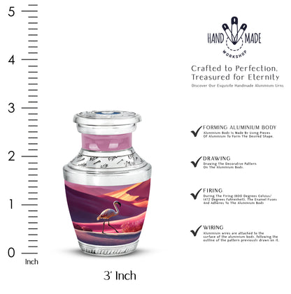 Petal Pink Flamingo Cremation Urn top-down view of secure threaded lid - stylized abstract flamingo pattern with bold lines - mini keepsake memorial for portion of cremation ashes