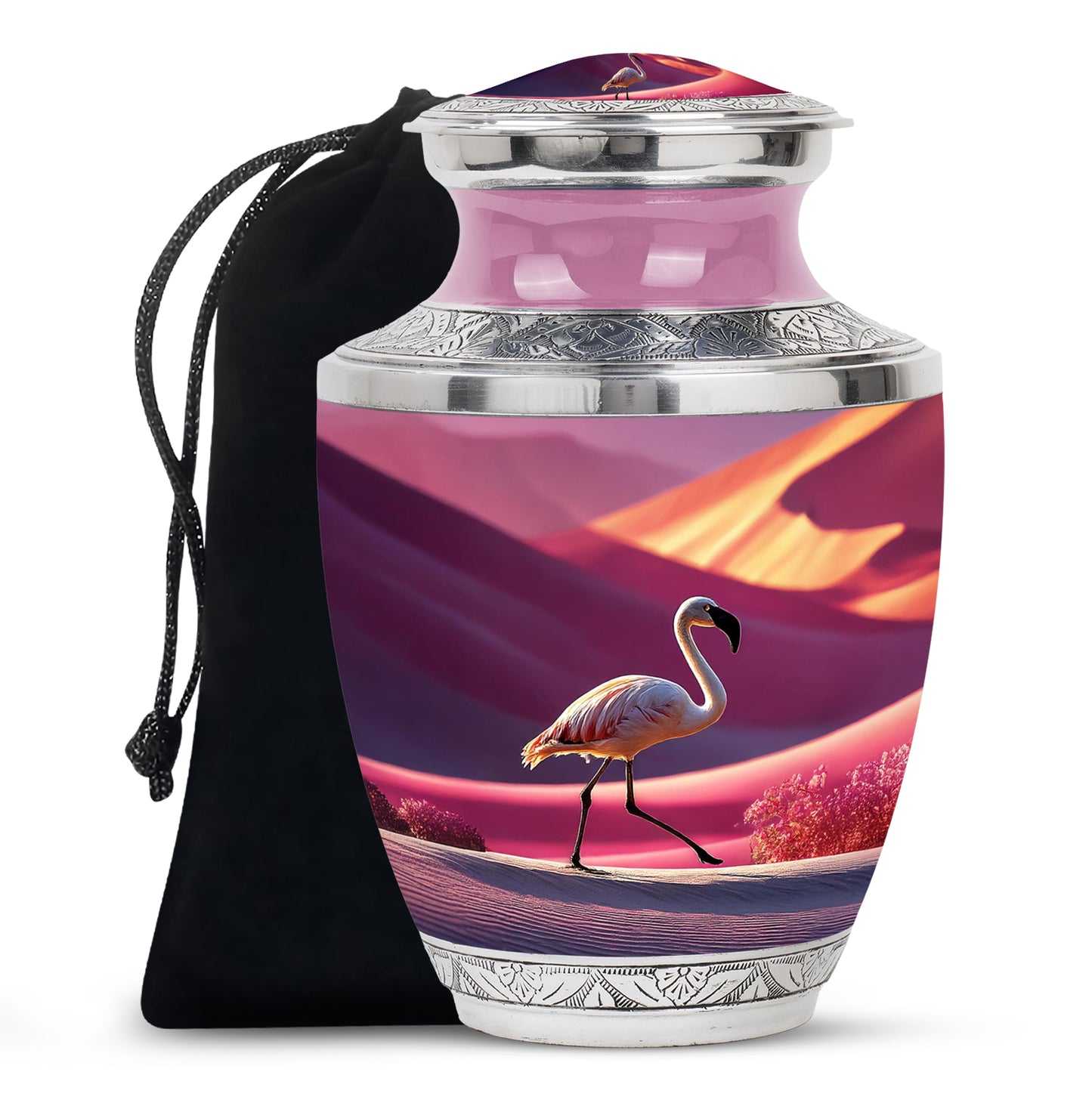 Peony Pink Flamingo Cremation Urn side profile showing urn shape - contemporary flamingo design with modern artistic flair - full-size 10 inch 200 cubic inch adult cremation urn