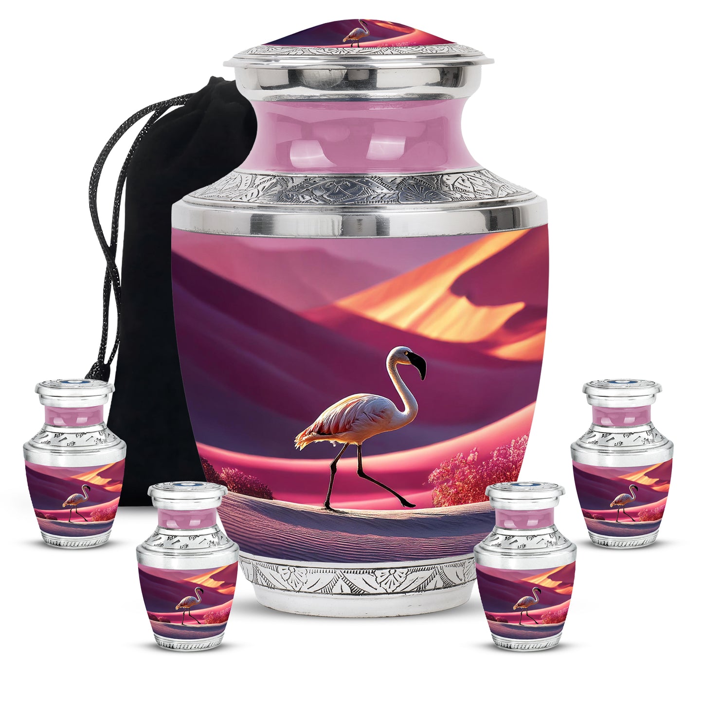 Pastel Pink Flamingo Cremation Urn lifestyle display on memorial shelf - modern art-inspired flamingo motif on sleek aluminum - memorial set with one large and four small urns