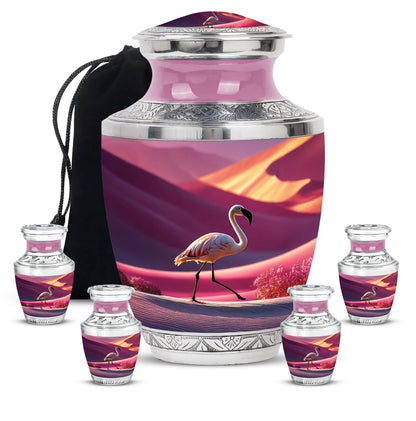 Pastel Pink Flamingo Cremation Urn lifestyle display on memorial shelf - modern art-inspired flamingo motif on sleek aluminum - memorial set with one large and four small urns