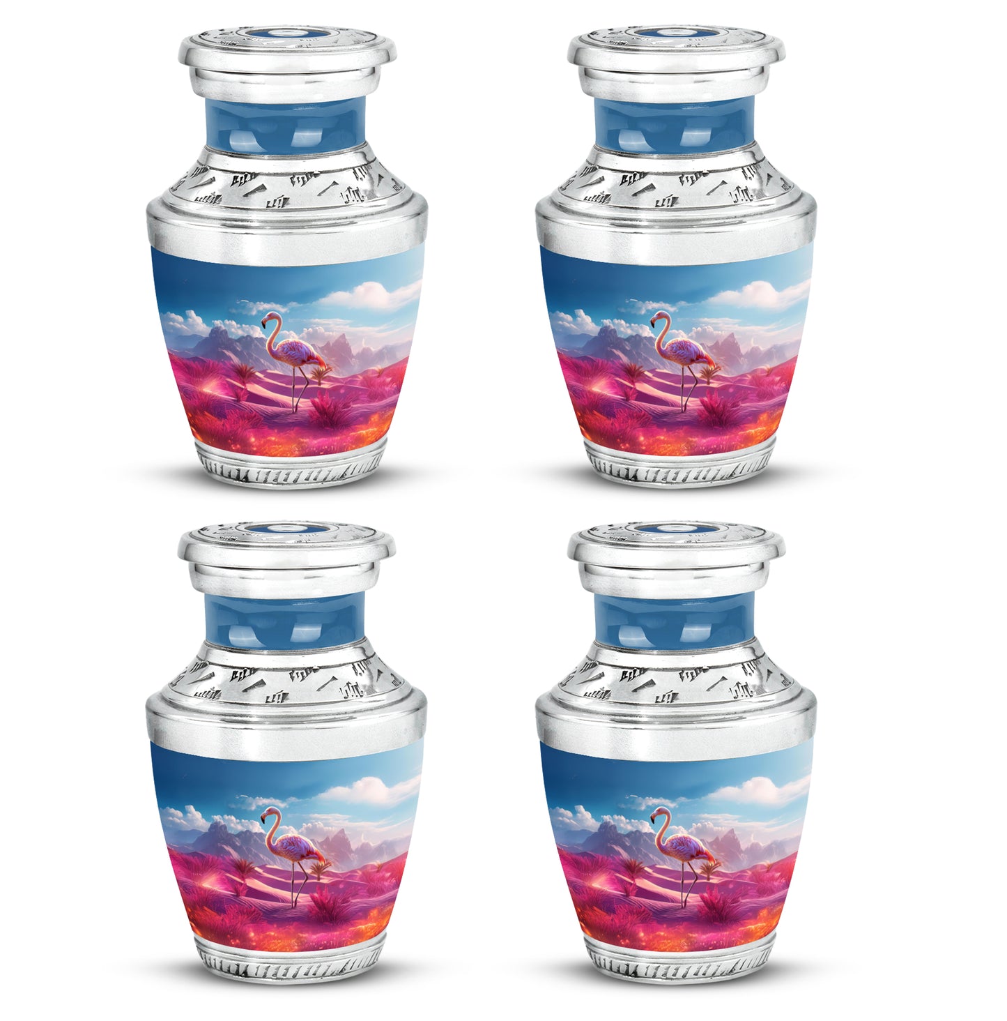 Dusty Blue Flamingo Cremation Urn back view with polished surface - modern art-inspired flamingo motif on sleek aluminum - 10 inch aluminum urn for cremated remains