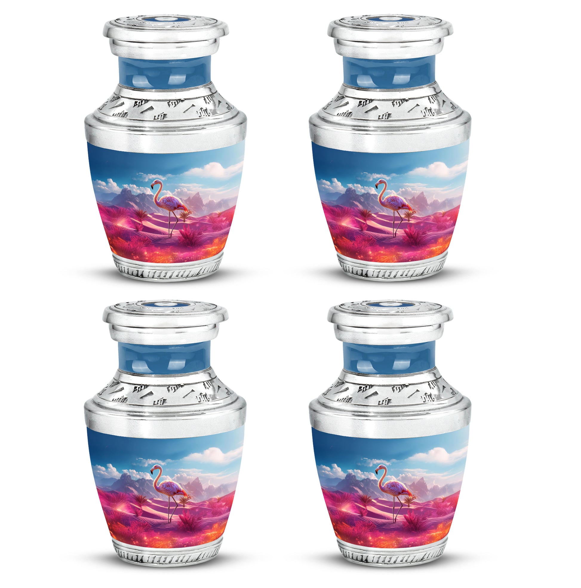 Dusty Blue Flamingo Cremation Urn back view with polished surface - modern art-inspired flamingo motif on sleek aluminum - 10 inch aluminum urn for cremated remains