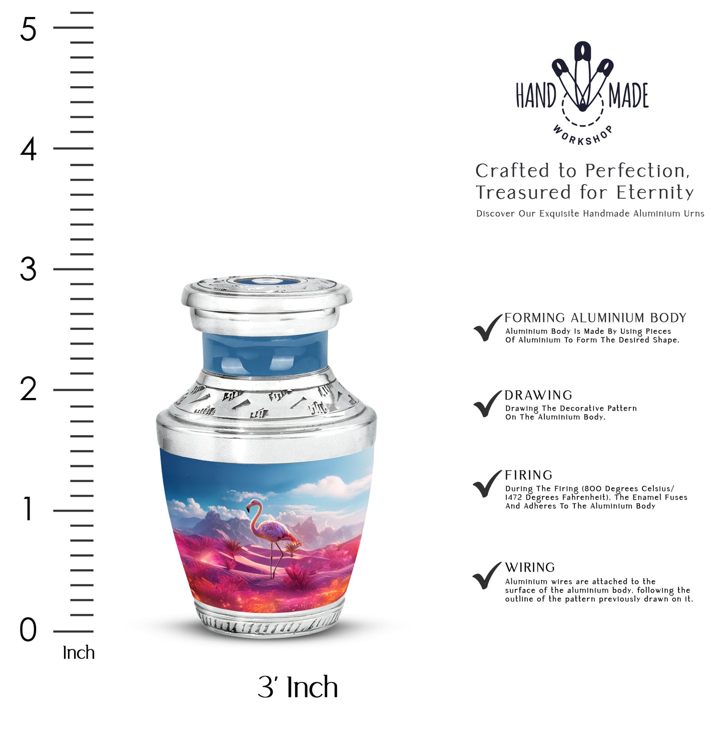 Navy Blue Flamingo Cremation Urn top-down view of secure threaded lid - contemporary flamingo design with modern artistic flair - mini keepsake memorial for portion of cremation ashes