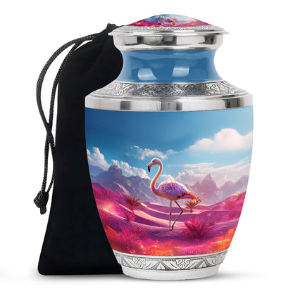 Royal Blue Flamingo Cremation Urn side profile showing urn shape - stylized abstract flamingo pattern with bold lines - full-size 10 inch 200 cubic inch adult cremation urn