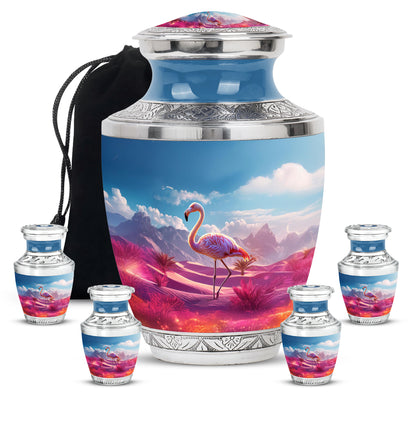Slate Blue Flamingo Cremation Urn lifestyle display on memorial shelf - modern art-inspired flamingo motif on sleek aluminum - memorial set with one large and four small urns