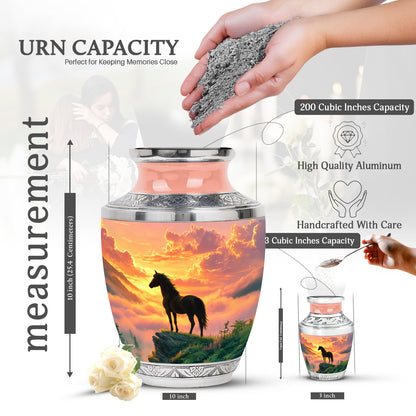 Garnet Red Horse Cremation Urn top-down view of secure threaded lid - modern art-inspired horse motif on sleek aluminum - mini keepsake memorial for portion of cremation ashes