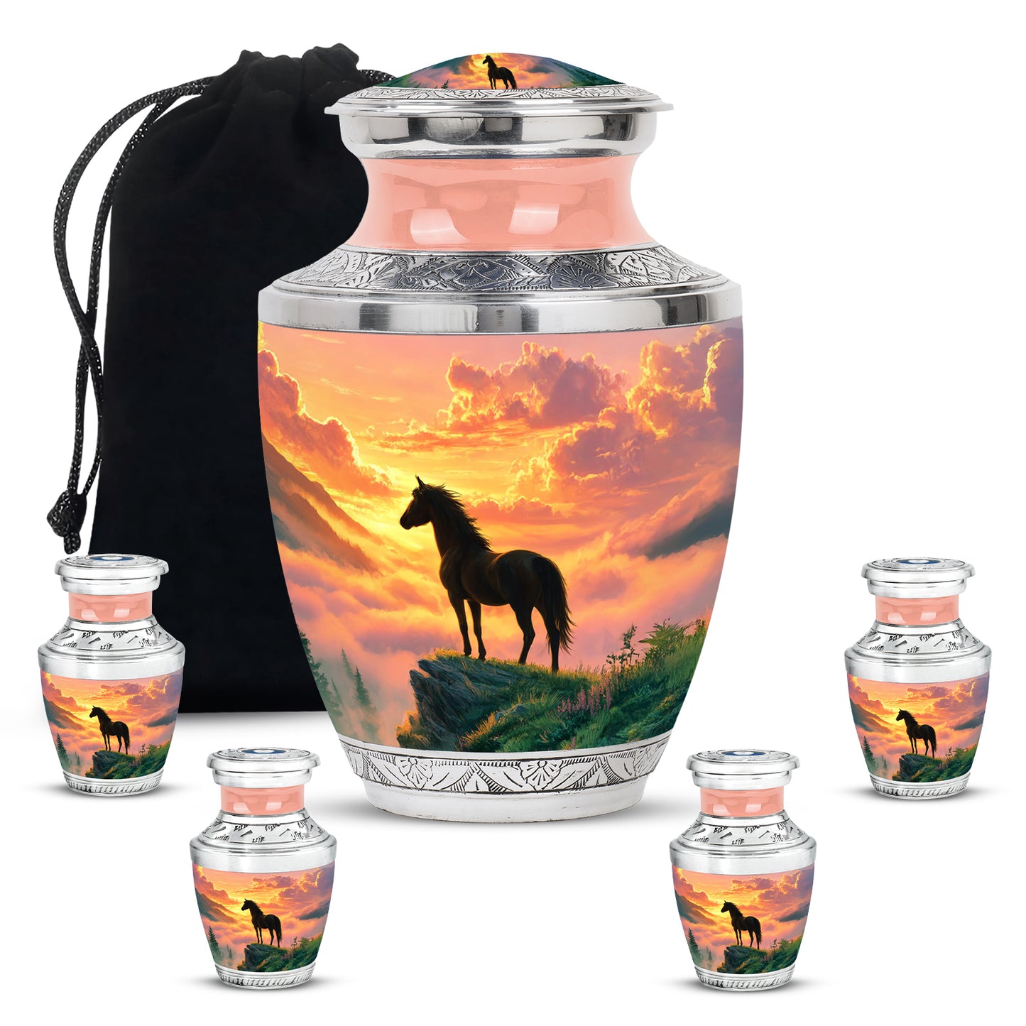 Rich Red Horse Cremation Urn lifestyle display on memorial shelf - artistic horse interpretation with creative detail - memorial set with one large and four small urns