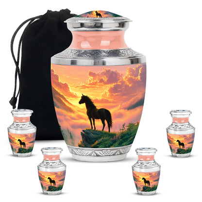 Rich Red Horse Cremation Urn lifestyle display on memorial shelf - artistic horse interpretation with creative detail - memorial set with one large and four small urns