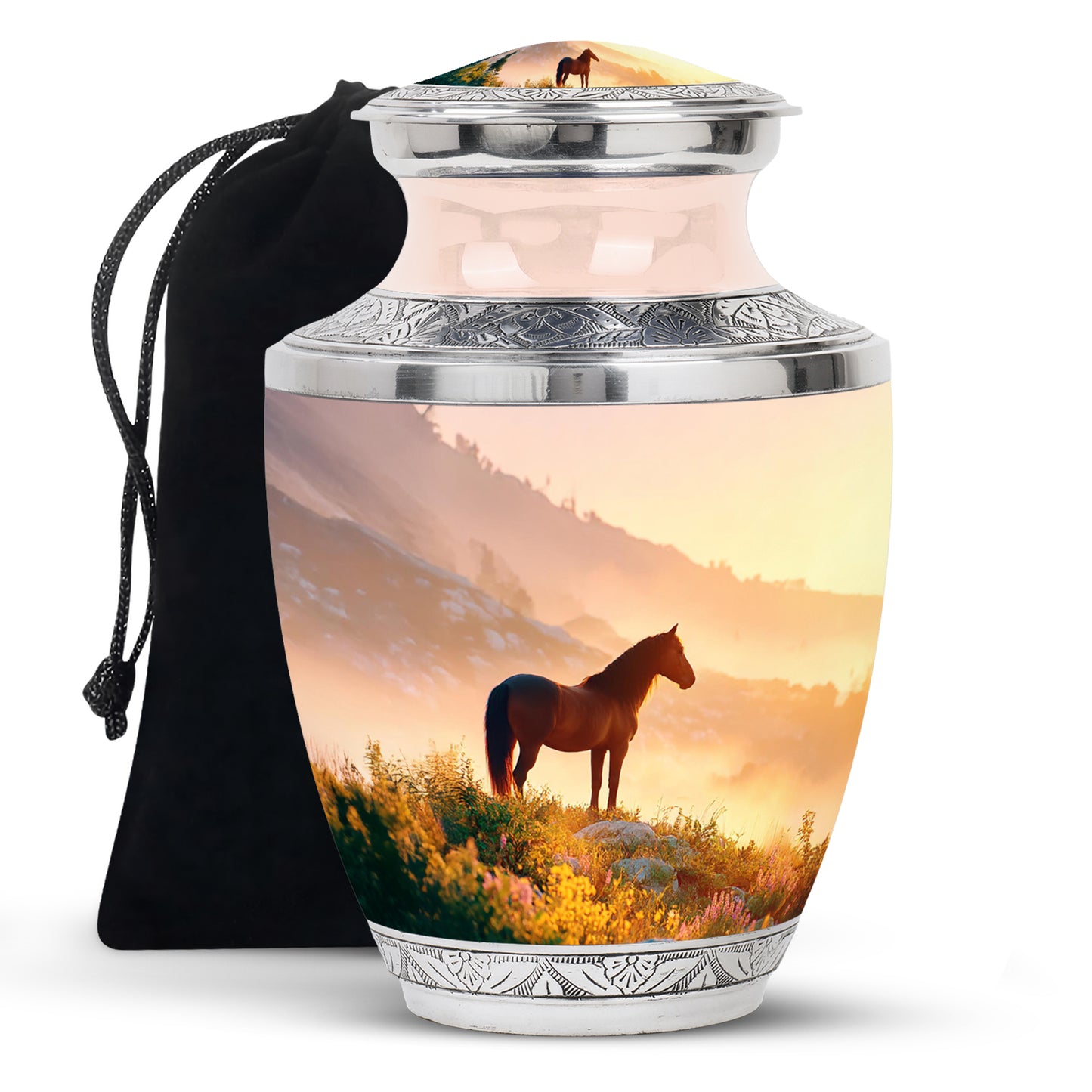 Champagne Gold Horse Cremation Urn side profile showing urn shape - contemporary horse design with modern artistic flair - full-size 10 inch 200 cubic inch adult cremation urn