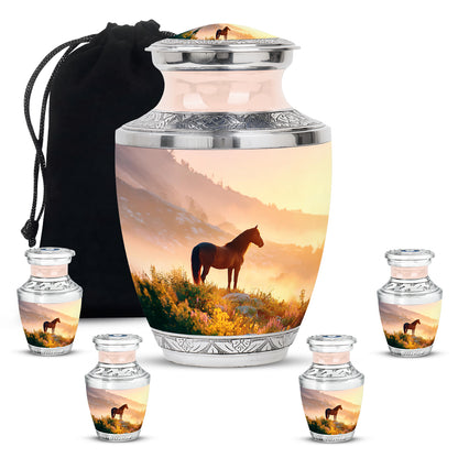 Matte Gold Horse Cremation Urn lifestyle display on memorial shelf - artistic horse interpretation with creative detail - memorial set with one large and four small urns