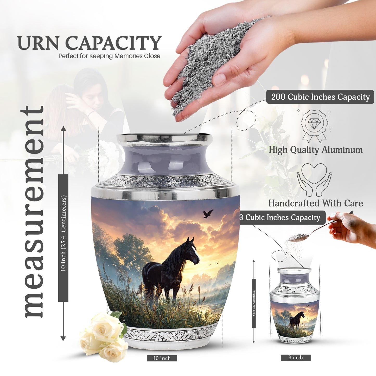 Jet Black Horse Cremation Urn top-down view of secure threaded lid - modern art-inspired horse motif on sleek aluminum - mini keepsake memorial for portion of cremation ashes