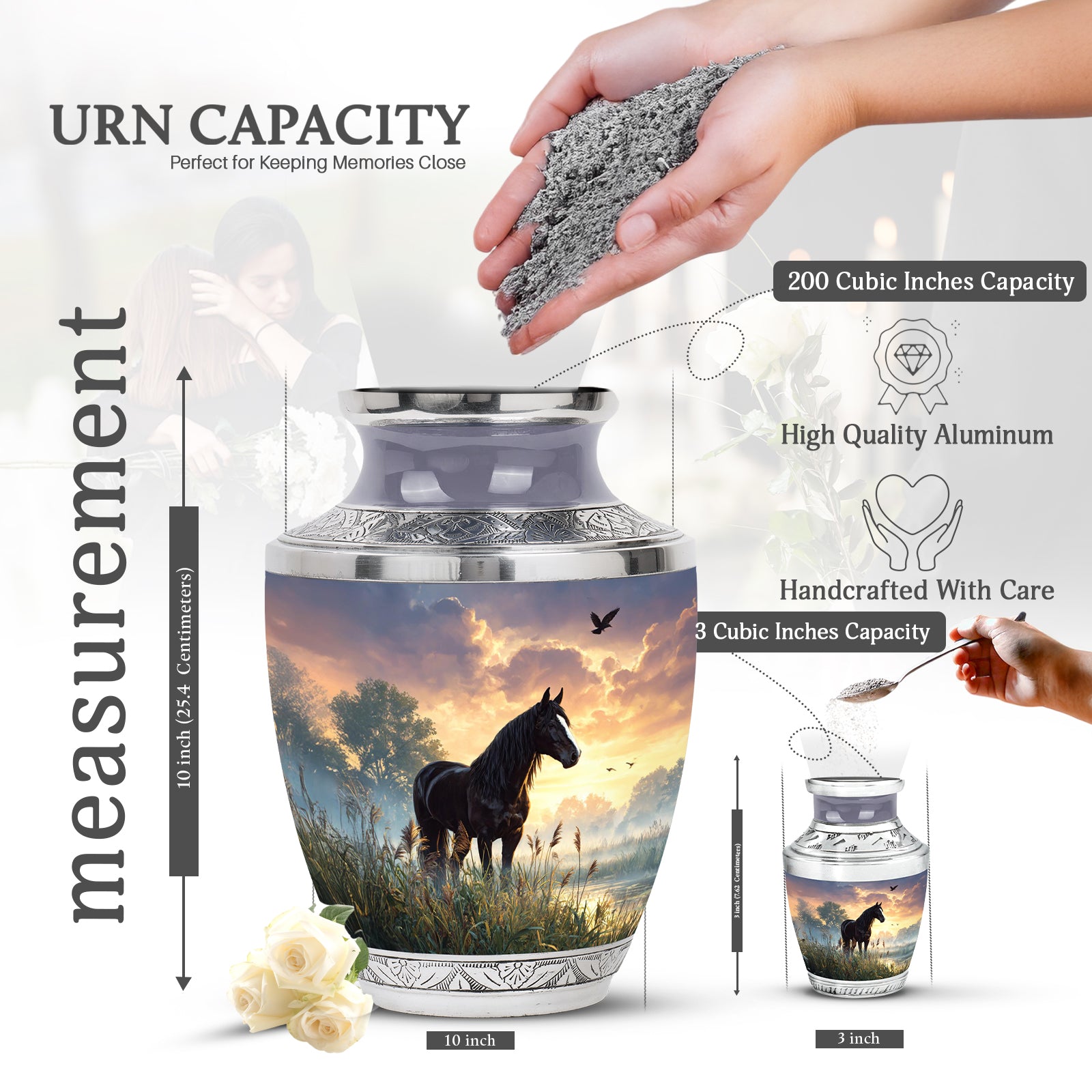 Jet Black Horse Cremation Urn top-down view of secure threaded lid - modern art-inspired horse motif on sleek aluminum - mini keepsake memorial for portion of cremation ashes