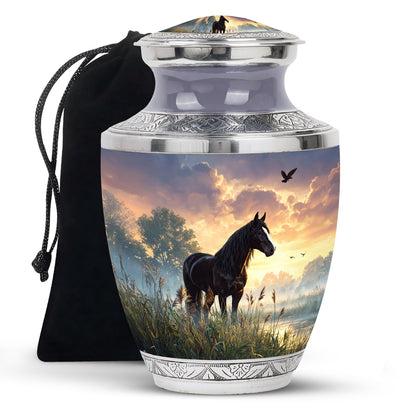 Charcoal Black Horse Cremation Urn side profile showing urn shape - artistic horse interpretation with creative detail - full-size 10 inch 200 cubic inch adult cremation urn
