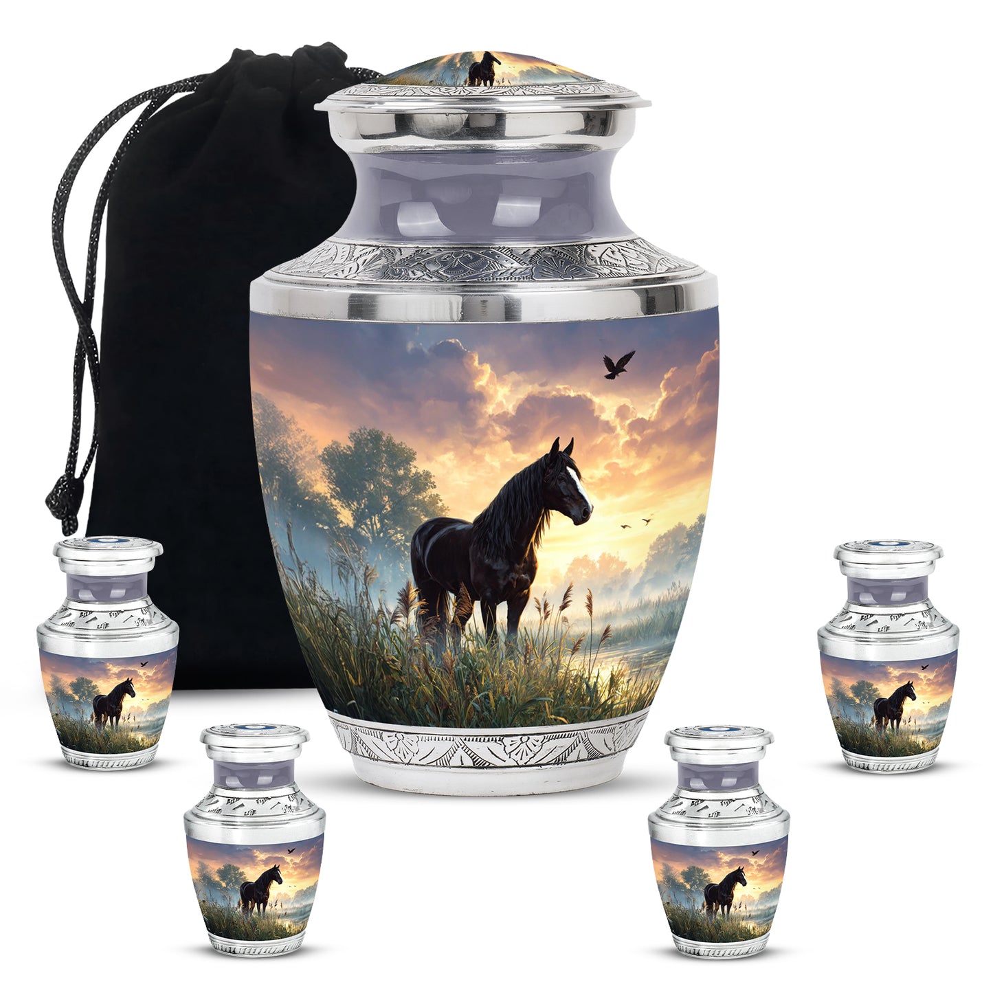 Jet Black Horse Cremation Urn lifestyle display on memorial shelf - modern art-inspired horse motif on sleek aluminum - memorial set with one large and four small urns