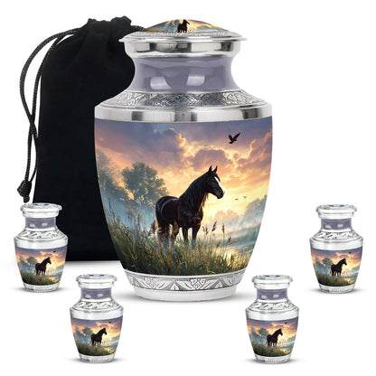 Jet Black Horse Cremation Urn lifestyle display on memorial shelf - modern art-inspired horse motif on sleek aluminum - memorial set with one large and four small urns