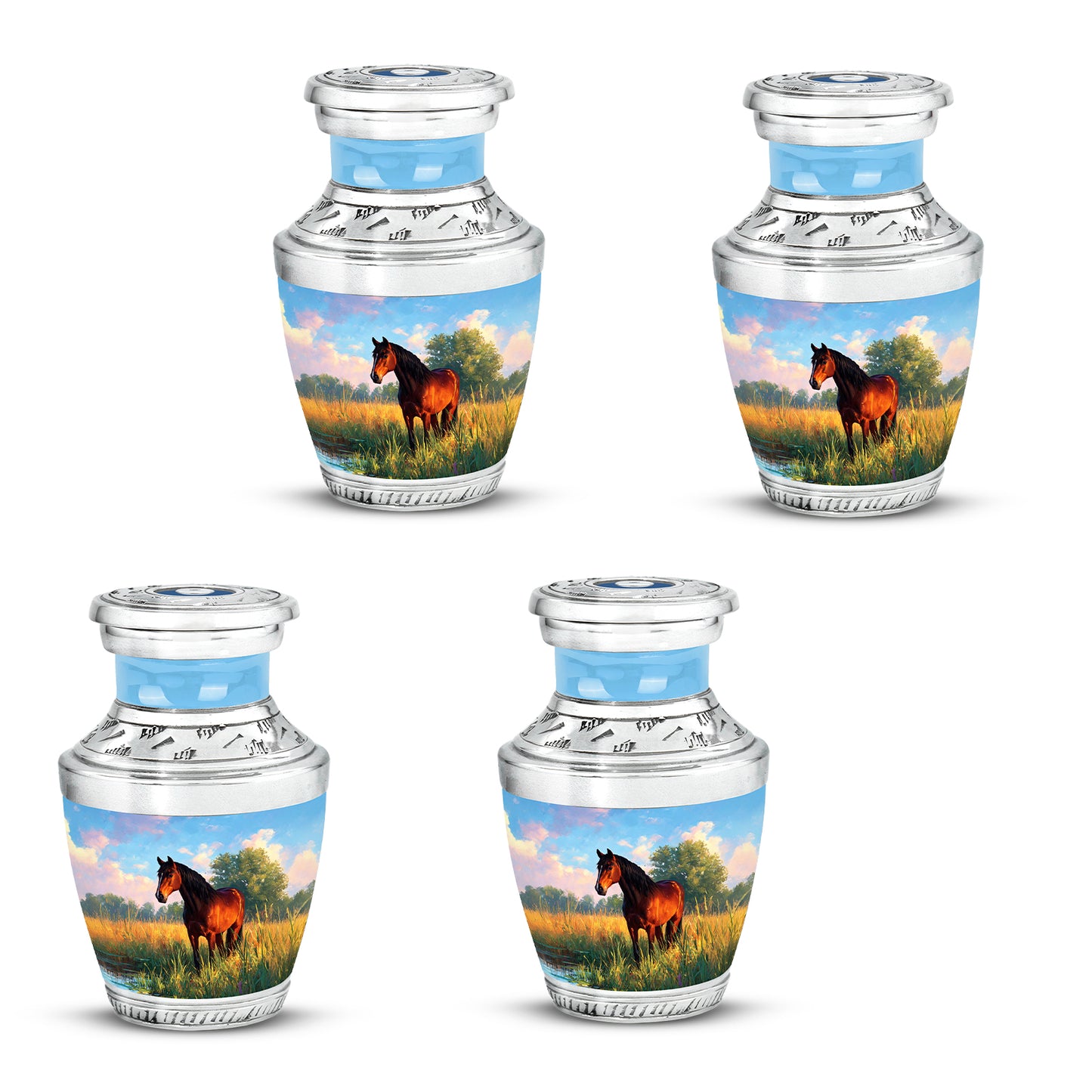 Celestial Blue Horse Cremation Urn back view with polished surface - contemporary horse design with modern artistic flair - 10 inch aluminum urn for cremated remains