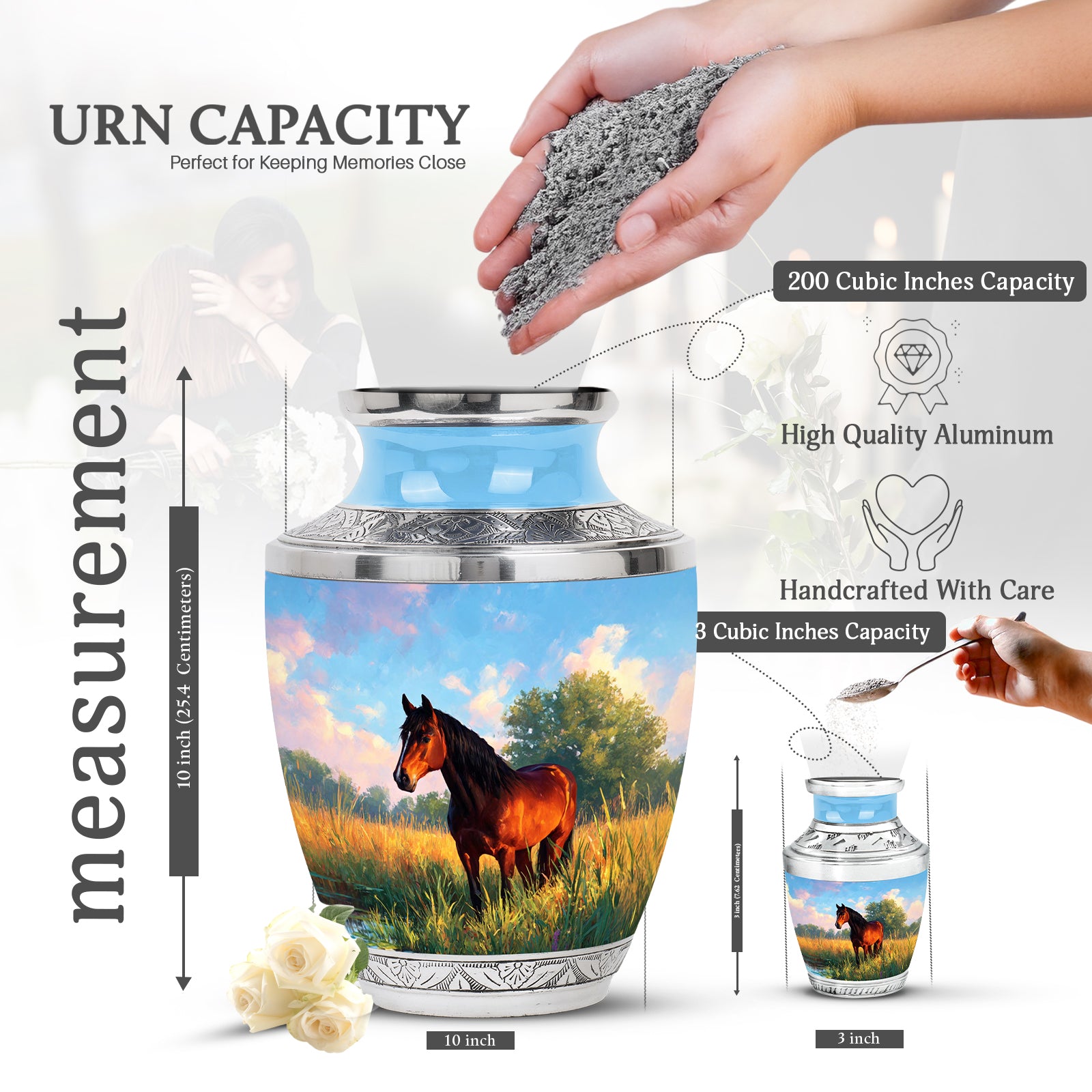 Celestial Blue Horse Cremation Urn top-down view of secure threaded lid - contemporary horse design with modern artistic flair - mini keepsake memorial for portion of cremation ashes