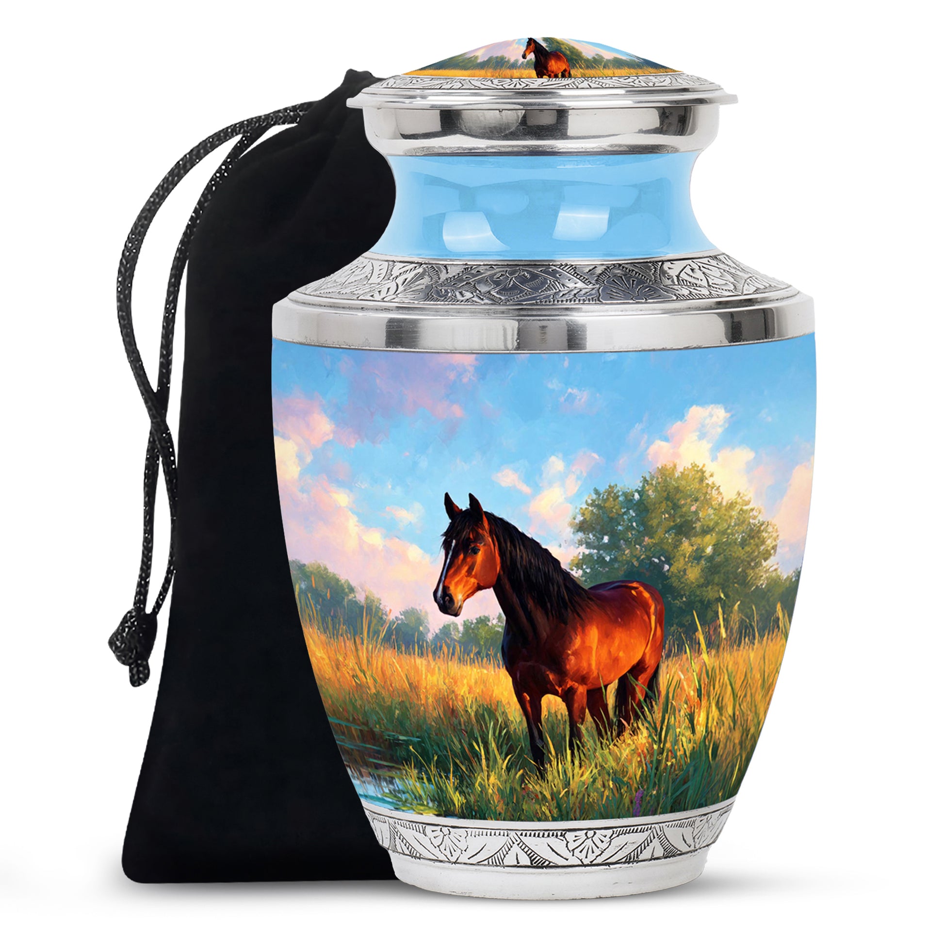Cobalt Blue Horse Cremation Urn side profile showing urn shape - stylized abstract horse pattern with bold lines - full-size 10 inch 200 cubic inch adult cremation urn