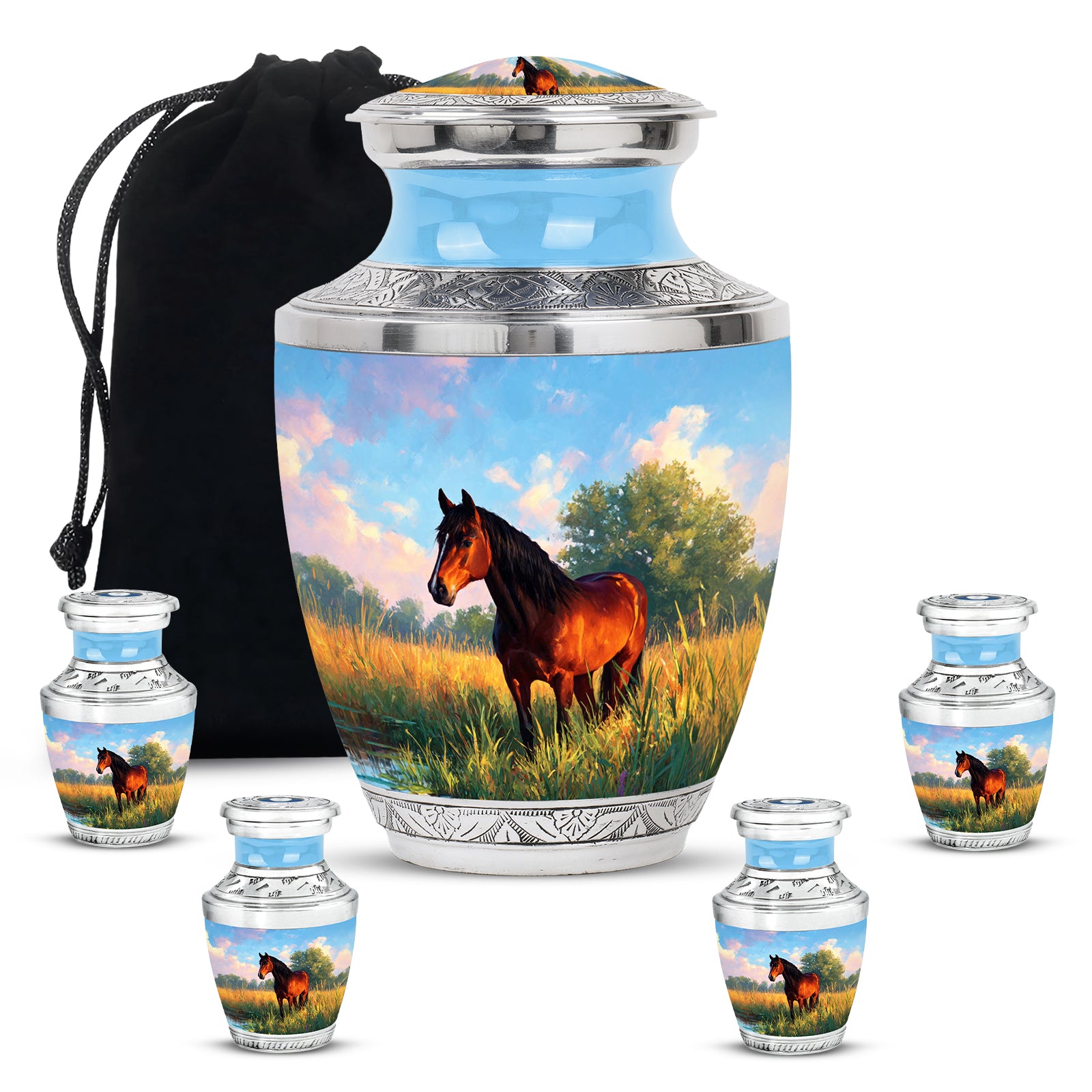 Steel Blue Horse Cremation Urn lifestyle display on memorial shelf - stylized abstract horse pattern with bold lines - memorial set with one large and four small urns